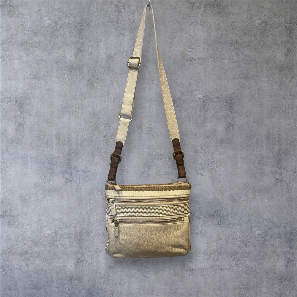 VTG Fossil Leather Woven Crossbody Shoulder‎ Bag Purse Colorblock Neutral Spring